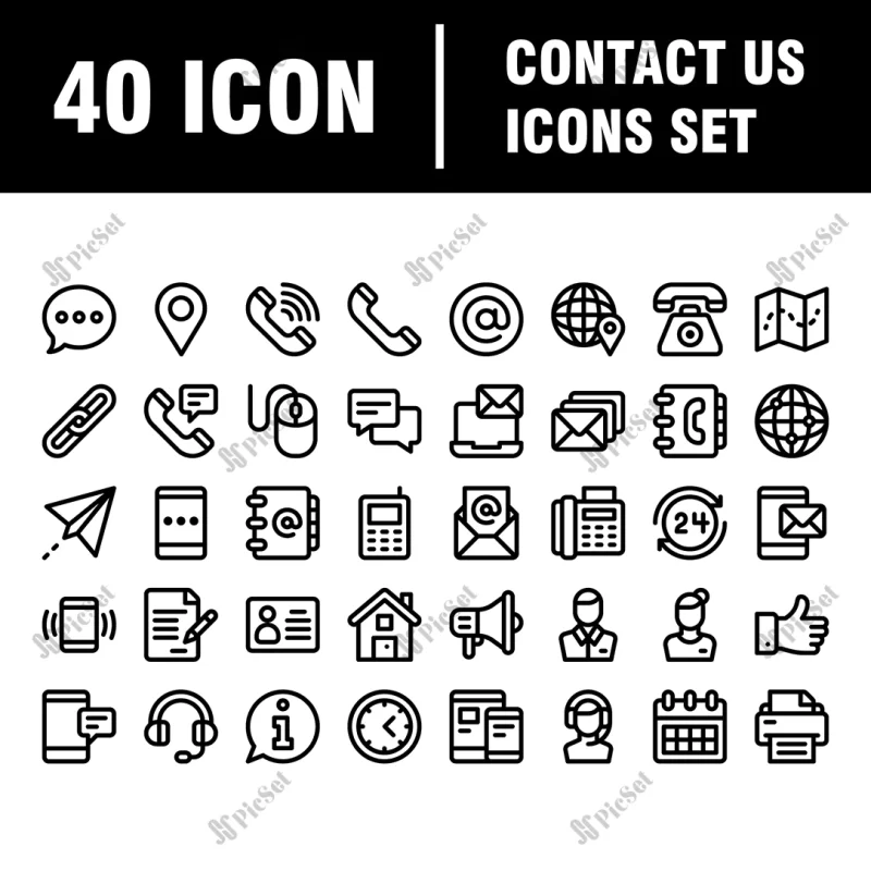 contact us outline icons large set isolated business communication / آیکن ارتباطات، تلفن، لوکیشن، موبایل، هدفون