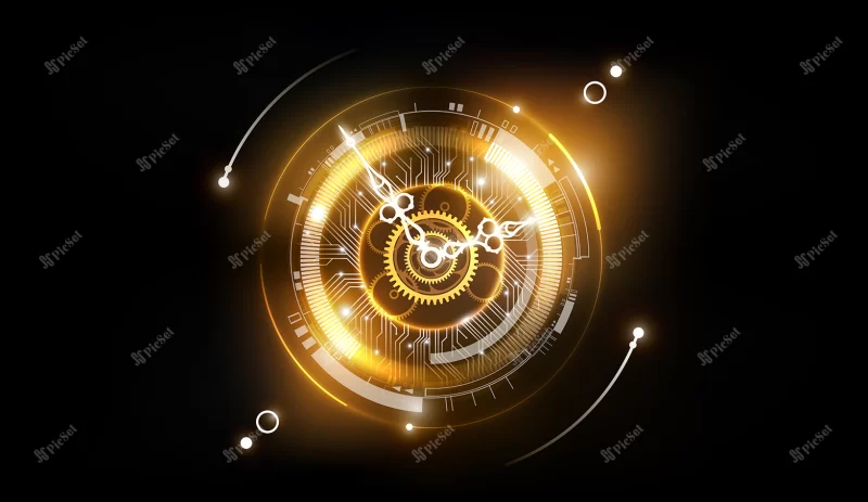 golden abstract technology background with clock concept time machine can rotate clock hands / فناوری طلایی با ماشین زمان مفهوم عقربه های ساعت