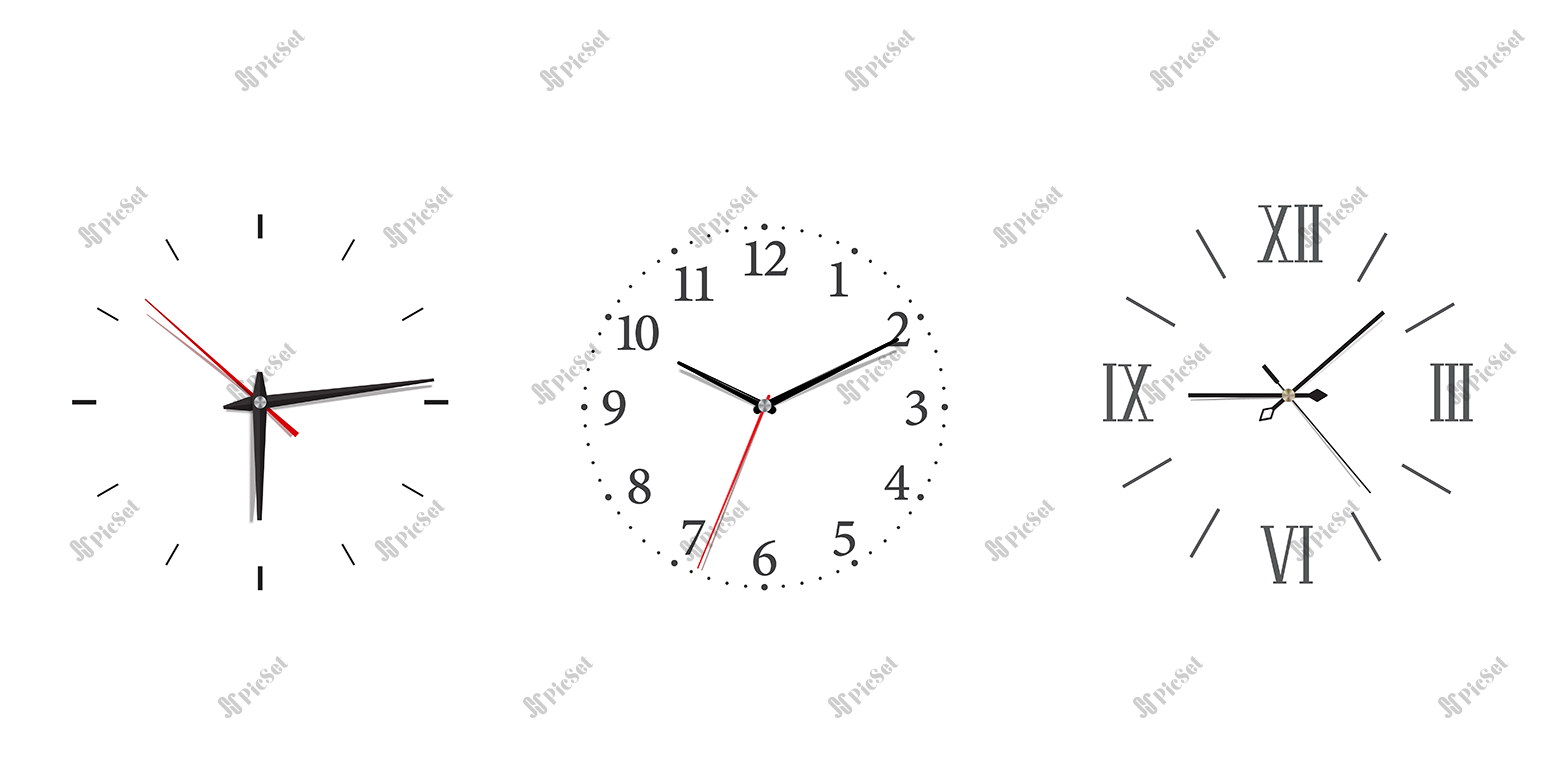 modern wall clock set with roman arabic numerals minimalism style classic icon with black wall clock white background concept design / مجموعه ساعت دیواری مدرن به سبک مینیمالیسم