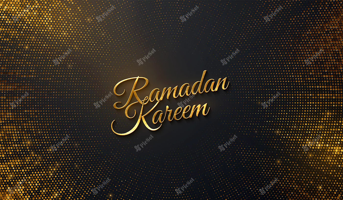 ramadan kareem golden sign on black background with golden bursting glitters / علامت طلایی رمضان کریم در زمینه مشکی با زرق و برق های طلایی