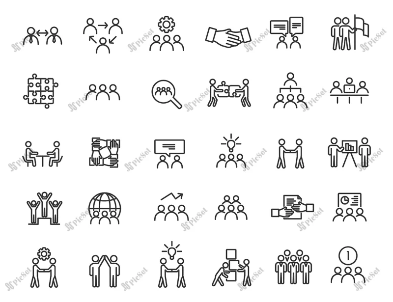 set linear teamwork icons communication icons simple design / آیکون های کار گروهی ارتباطی مردم و افراد جامعه