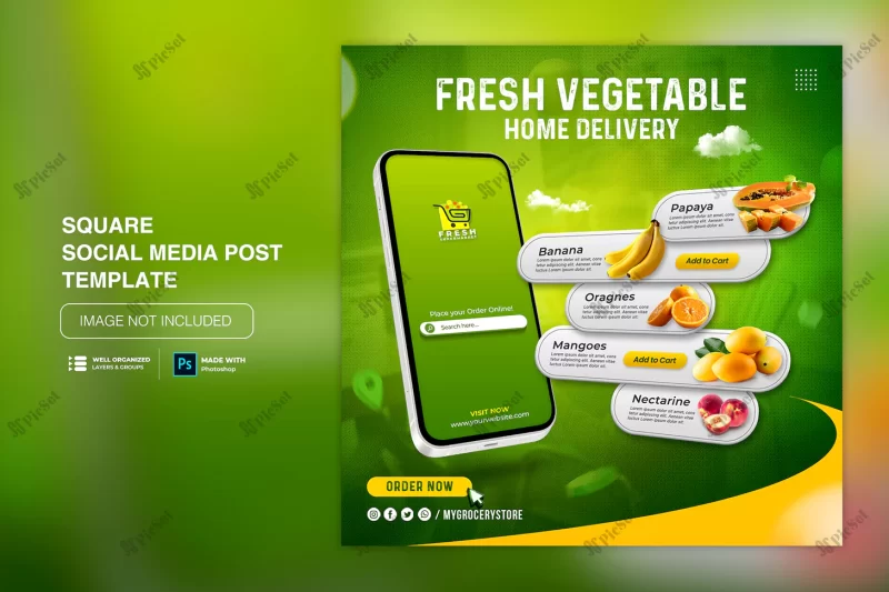 vegetable fruit grocery delivery social media instagram post template / قالب پست اینستاگرام خواربار میوه سبزیجات