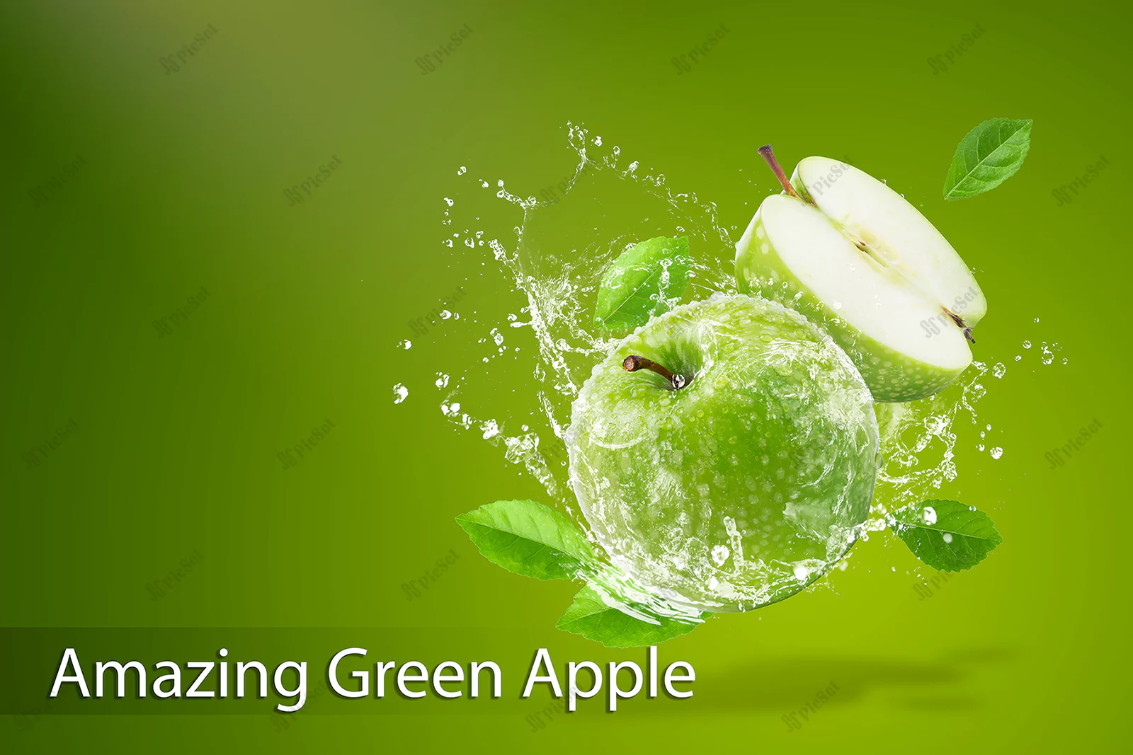 water splashing fresh green apple green background / آب در حال پاشیدن به پس زمینه سبز و سیب تازه