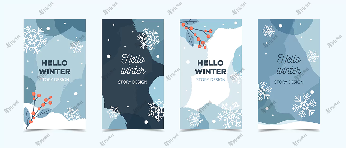 winter story template social media blue background with snowflakes ilex branches vector illustration / قالب شبکه های اجتماعی با پس زمینه، بگراند دانه های برف