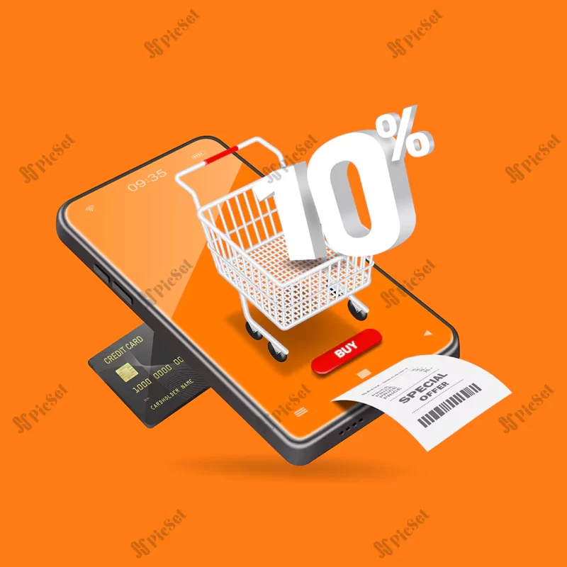 off text shopping cart is displayed smartphone screen after inserting credit card / تخفیف سبد خرید و کارت اعتباری با موبایل