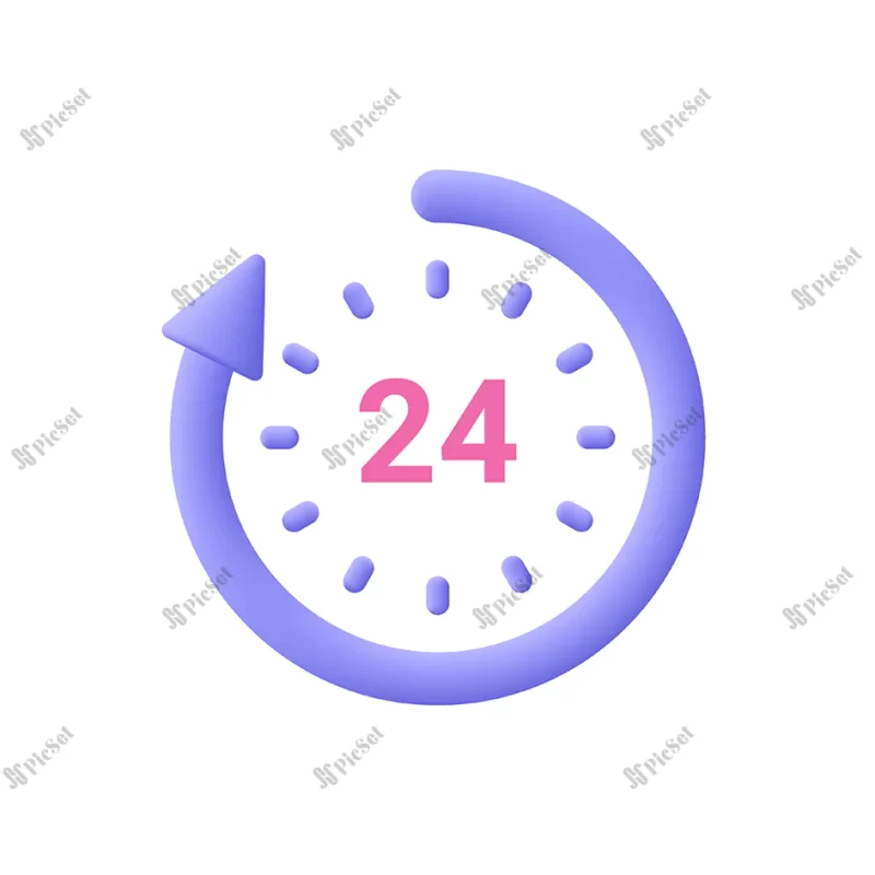 24 hours watch with arrow support service 3d vector icon cartoon minimal style / تماشای 24 ساعته با خدمات پشتیبانی سه بعدی