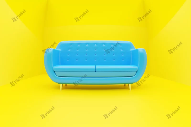 3d illustration blue sofa retro 60s style yellow background / تصویر سه بعدی مبل آبی با پس زمینه زرد