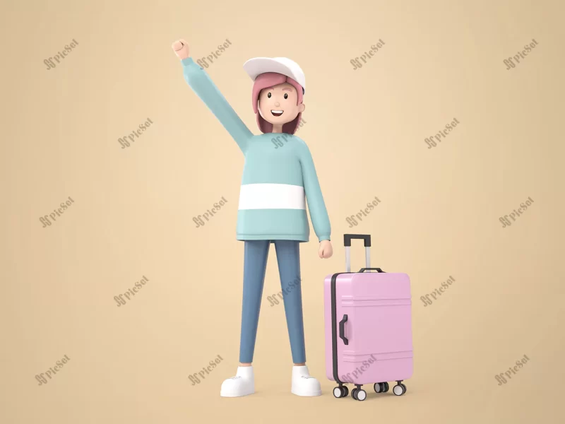 3d illustration cartoon character lovely girl wearing cap standing with raised arms up pink suitcase by her side travel summer vacation / دختر با کلاه و چمدان صورتی در سفر تعطیلات تابستانی