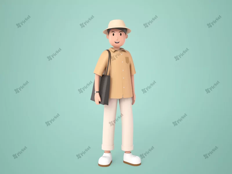 3d illustration cartoon character young travel man wearing sumbrero shoulder bag standing with smile / مرد جوان با کیف و لبخند در حال سفر سه بعدی