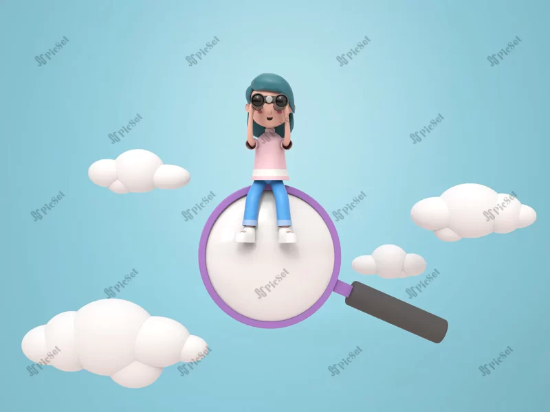 3d illustration character young woman using binoculars sit magnifying glass floating cloudy sky rendering / زن جوان با دوربین و ذره بین شناور در آسمان ابری سه بعدی