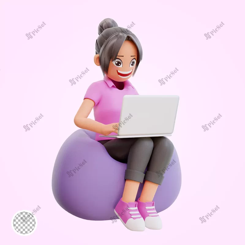 3d illustration cute girl holding laptop / دختر شاد و خوشحال با لپ تاپ سه بعدی