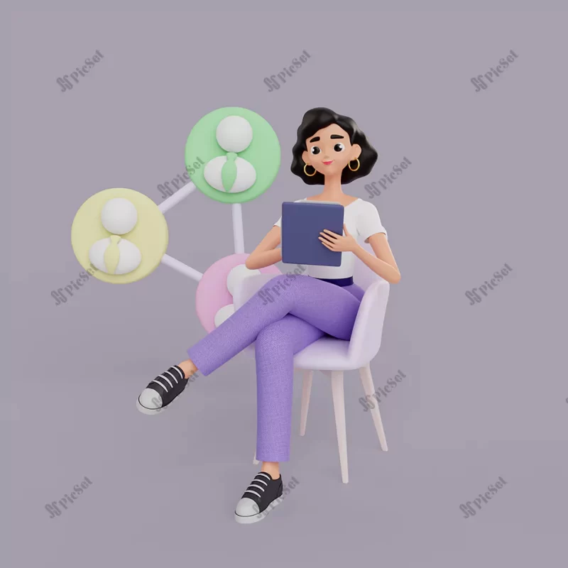 3d illustration female graphic designer character working tablet / تصویر سه بعدی گرافیکی زن با تبلت