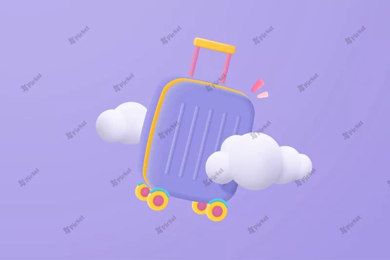 3d luggage flying travel tourism trip planning cloud purple background suitcase journey travel summer time concept cartoon minimal style 3d suitcase icon vector render illustration / چمدان مسافرتی سه بعدی پرواز  و سفر گردشگری