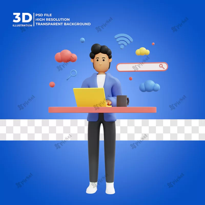 3d male character looking information internet with search box icon premium psd / مرد سه بعدی در جستجوی اینترنت و کار با لپ تاپ
