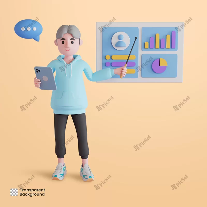 3d male character presenting with tablet infographic / مرد سه بعدی با اینفوگرافیک تبلت