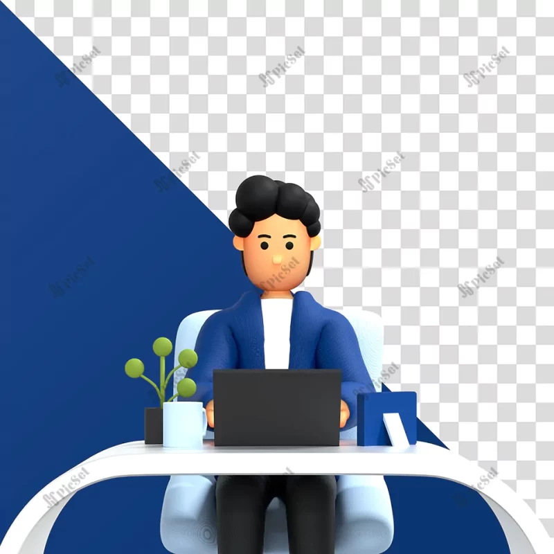 3d male character working using laptop freelancer 3d rendering premium psd / مرد سه بعدی و مترجم با لپ تاپ