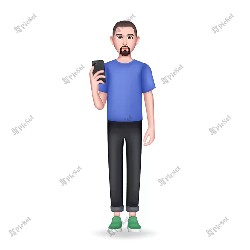 3d man holding phone isolated human full length / مرد 3 بعدی با تلفن موبایل