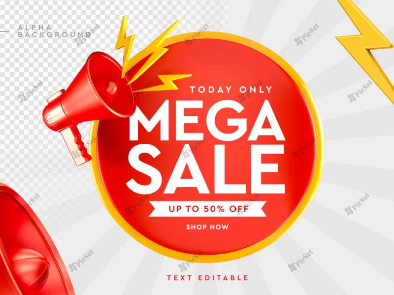 3d mega sale logo with megaphone 3d rendering / بنر تبلیغات فروش سه بعدی