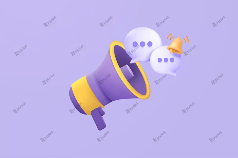 3d megaphone speaker loudspeaker bullhorn announce promotion megaphone loudhailer with microphone mockup speakerphone 3d vector render alert announcement isolated background / بلندگوی سه بعدی تبلیغاتی و زنگوله