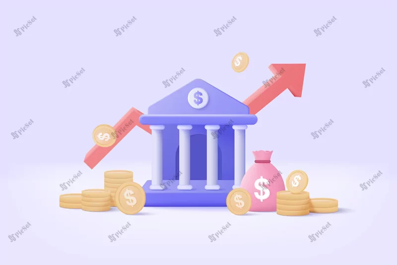 3d minimal bank deposit withdrawal transactions money service banking financial concept bank building with coin icon style graph investment 3d bank vector render isolate white background / ساختمان بانک سه بعدی مفهوم مالی با نماد سکه و سرمایه گذاری