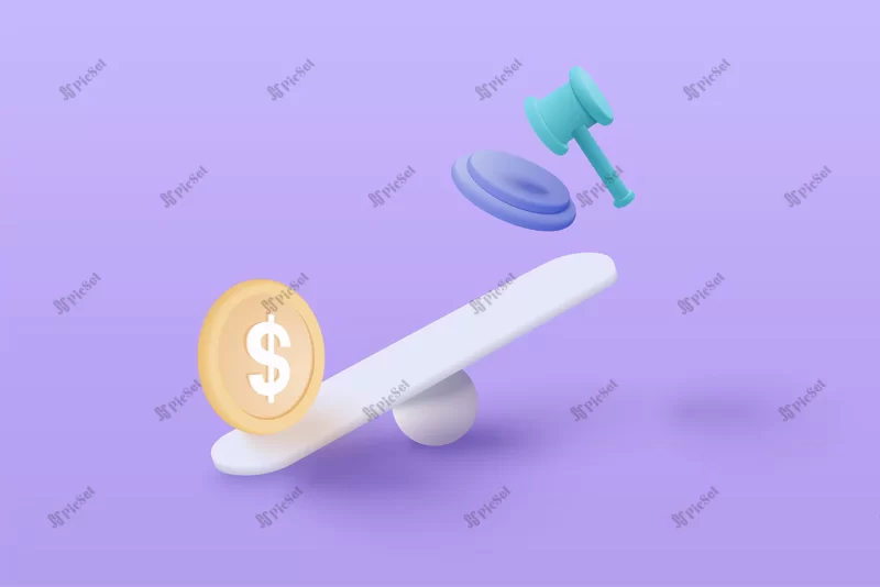 3d money coin compare judge gavel weighing scales financial investing money exchange with law financial management concept 3d weighing balance vector render purple background / مقایسه سکه سه بعدی ترازو قاضی و سرمایه گذاری مالی مبادله پول با مفهوم مدیریت مالی قانون