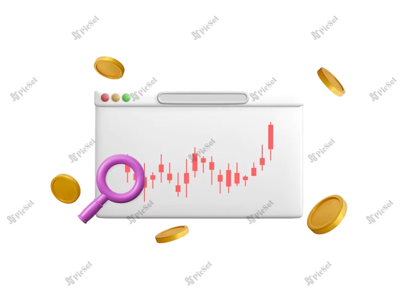 3d online trading with graph browser 3d browser with business graph flying coins vector trading icon business investment vector illustration / تجارت آنلاین سه بعدی با مرورگر و نمودار کندل استیک بورس معاملاتی و سرمایه گذاری