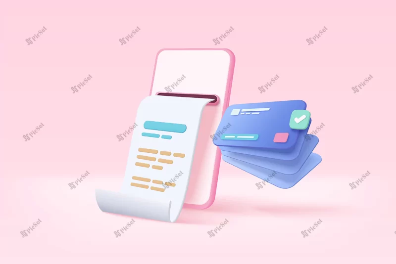 3d pay money with mobile phone banking online payments concept bill smartphone transaction with credit card mobile with financial paper background 3d bill payment vector icon illustration / پول با بانکداری تلفن همراه پرداخت آنلاین مفهومی تراکنش قبض با کارت اعتباری پرداخت صورتحساب سه بعدی