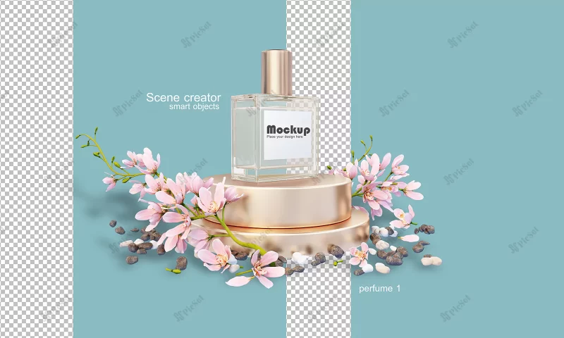 3d perfume bottle illustration among flowers / تصویر سه بعدی بطری عطر در میان گل ها