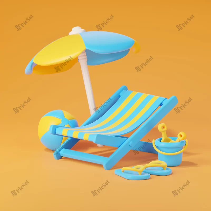 3d render beach chair with umbrella inflatable ball summer concept / صندلی ساحلی رندر سه بعدی با مفهوم تابستانی توپ بادی چتر