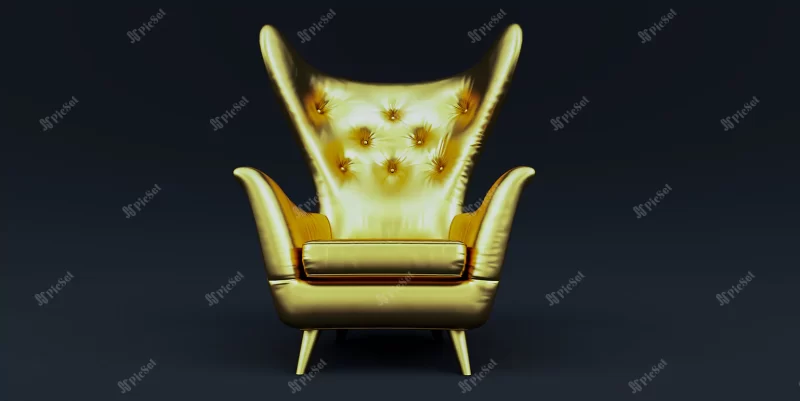 3d render golden armchair isolated dark background vip concept / رندر سه بعدی صندلی راحتی طلایی