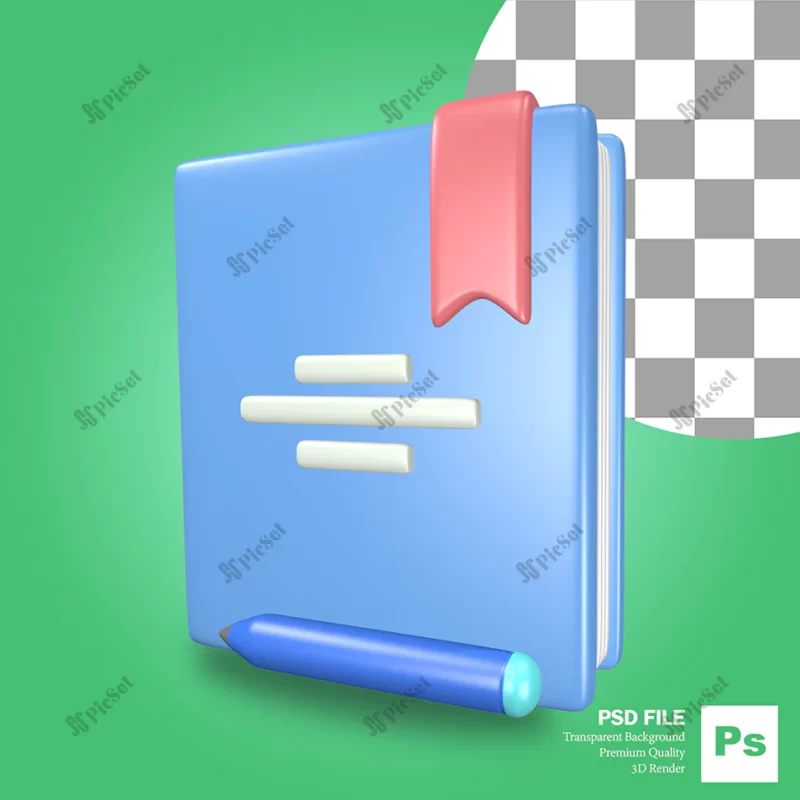 3d rendering object icon blue book with pen pencil / کتاب سه بعدی با مداد