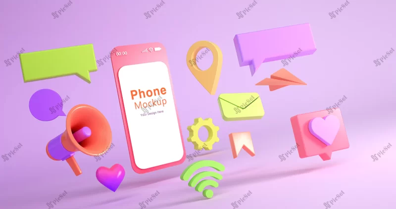 3d rendering phone mockup social icon / گوشی موبایل سه بعدی و آیکن شبکه اجتماعی