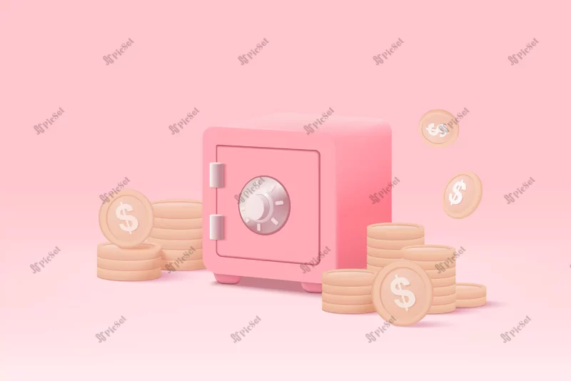 3d safe box minimal design treasure pink pastel background treasure with gold money safe box money saving stored money concept 3d secure box vector render isolated pastel background / جعبه گاو صندوق سه بعدی پول دلار طلایی صرفه جویی پول