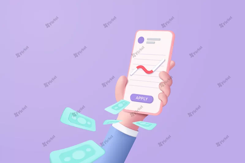 3d vector hand holding mobile isolated pastel purple background hand using funding business graph application creative solution concept 3d vector 3d trading business investment / دست و موبایل سه بعدی اسکناس و نمودار سرمایه گذاری