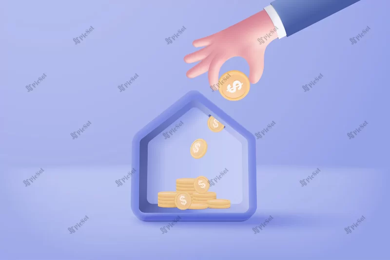 3d vector real estate coin hand holding pastel background money saving loan house property concept financial money investment stack coins tiny house bank blue background / سکه املاک و مستغلات، پس انداز پول مفهوم سرمایه گذاری مالی بانک خانه کوچک