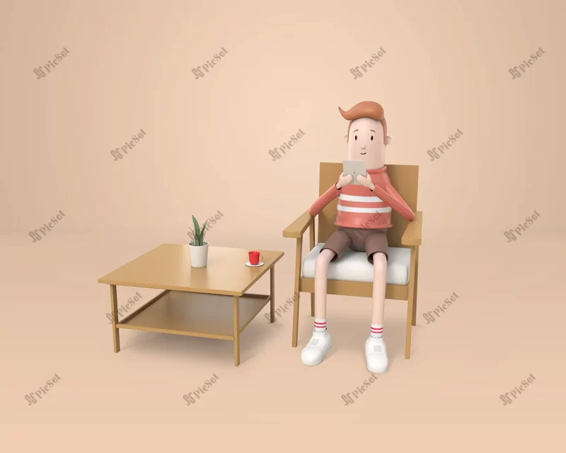 3d young man sitting use tablet hand wooden chair living room / مرد جوان سه بعدی روی صندلی چوبی با تبلت