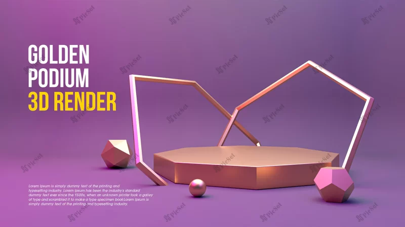 abstract product display podium platform with gold 3d render / پلتفرم تریبون نمایش محصول سه بعدی طلایی