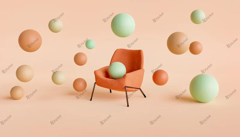 abstract scene velvet chair with gradient colored spheres floating around / صندلی مخملی با کره های رنگی