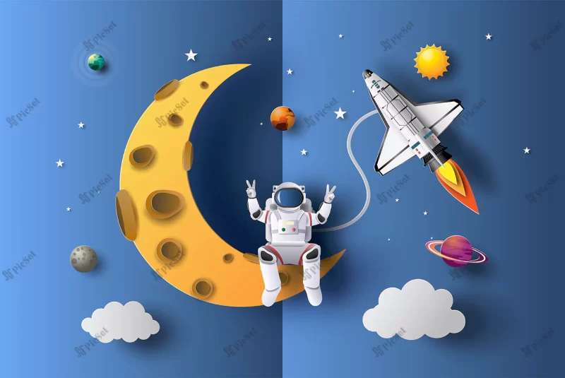 astronaut is sitting half moon paper cut style / فضانورد روی ماه با موشک