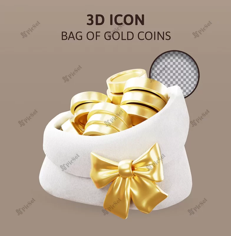 bag gold coins with bow 3d rendering illustration / کیسه سکه های طلا سه بعدی