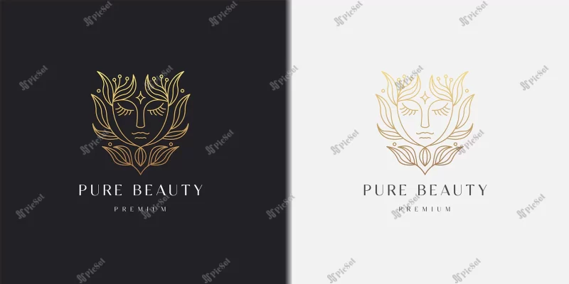 beauty face woman with nature leaf floral line style gradient logo icon design template / لوگوی چهره زن با برگ طبیعت و خط گلدار