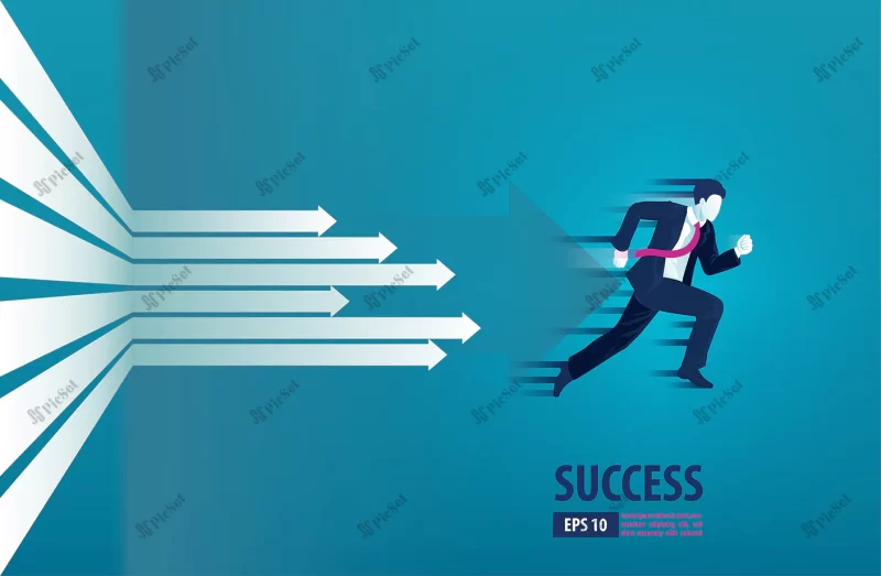 business arrows concept with businessman running success acceleration gain profit sales / فلش های تجاری با تاجر در حال اجرا، شتاب موفقیت کسب سود فروش