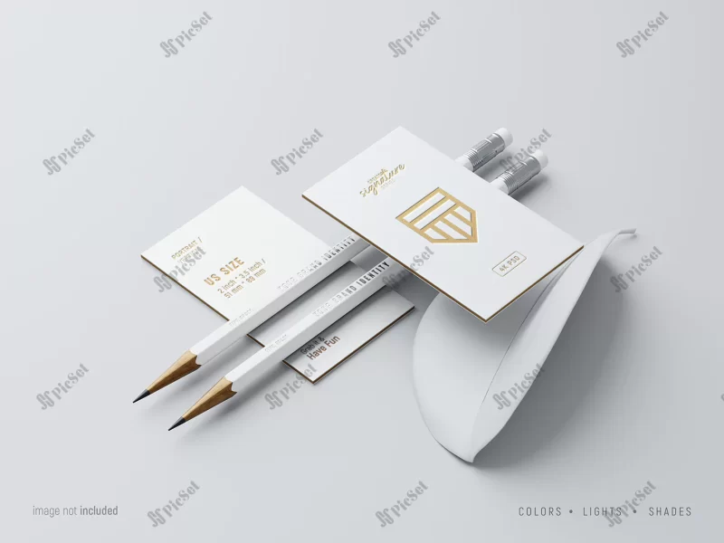 business cards pencil mockup with letterpress effects / موکاپ کارت ویزیت مغزی با مداد و لوگو طلایی