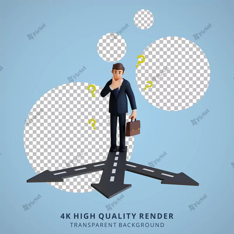 business man confused looking way 3d character illustration / کاراکتر مرد سه بعدی گیج مفهوم انتخاب سه راهی