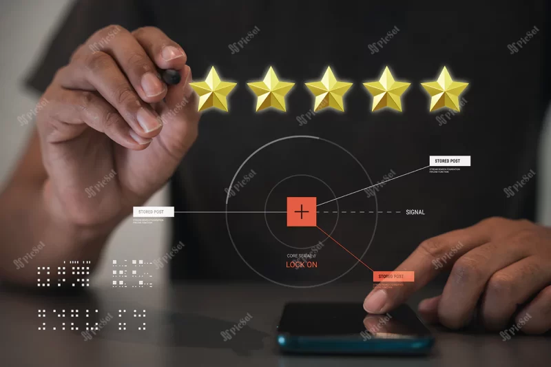 business man hand using smart mobile phone with popup 5 stars 3d icon good feedback / دست مرد تجاری با استفاده از تلفن همراه انتخاب ستاره بازخورد خوب