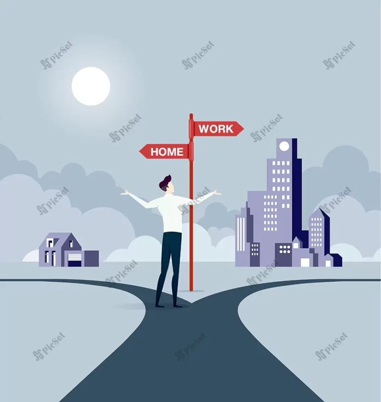 businessman balancing work life / تعادل در زندگی و کار، مسیر دوراهی مفهوم انتخاب و تعادل