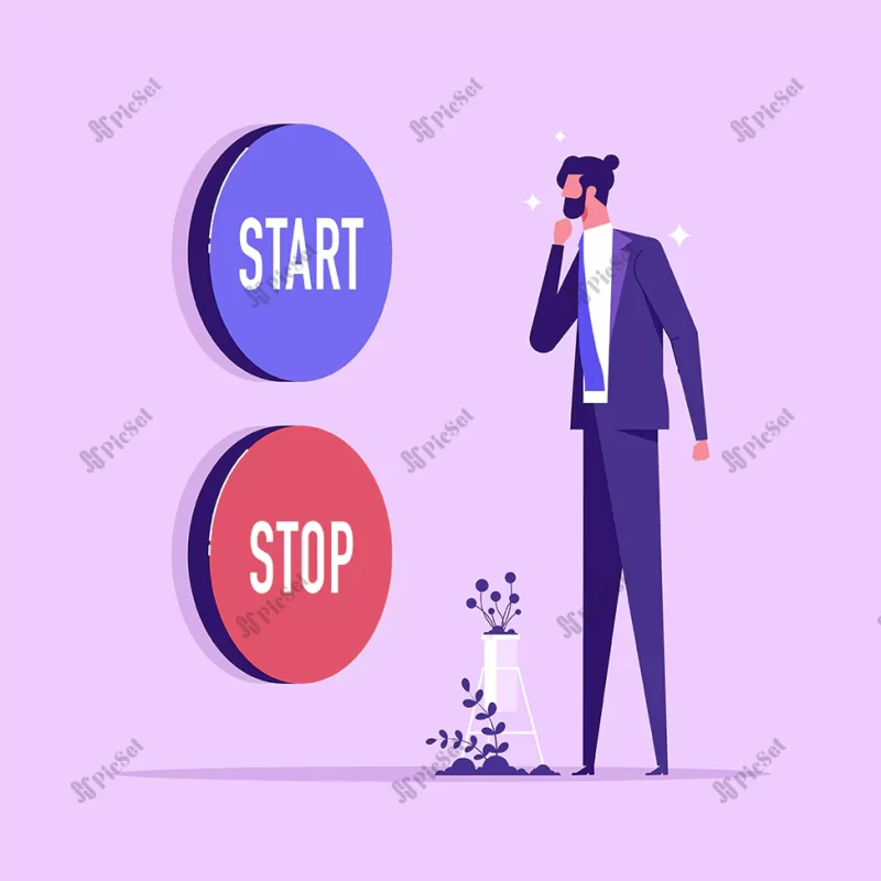 businessman choose start stop button concept difficult choice two options / شروع توقف دکمه مفهوم انتخاب دشوار دو گزینه