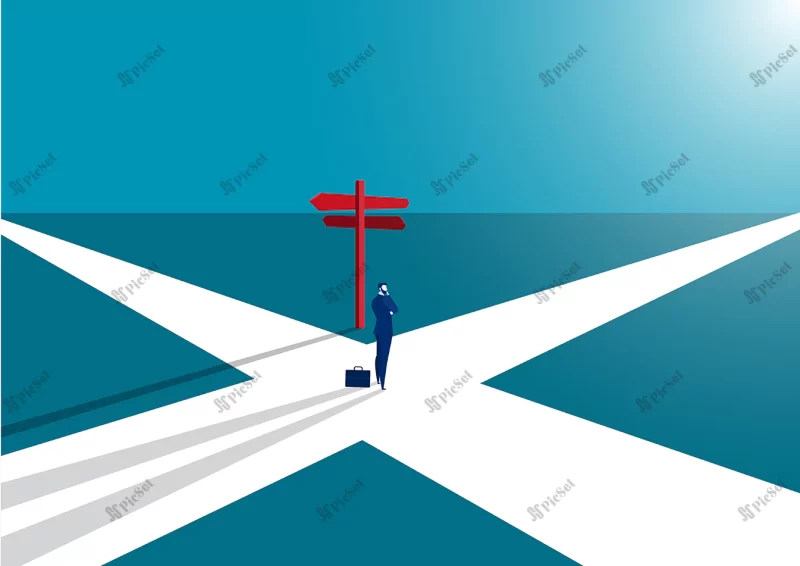 businessman standing crossroads / مرد ایستاده در چهارراه در حال فکر مفهوم انتخاب مسیر