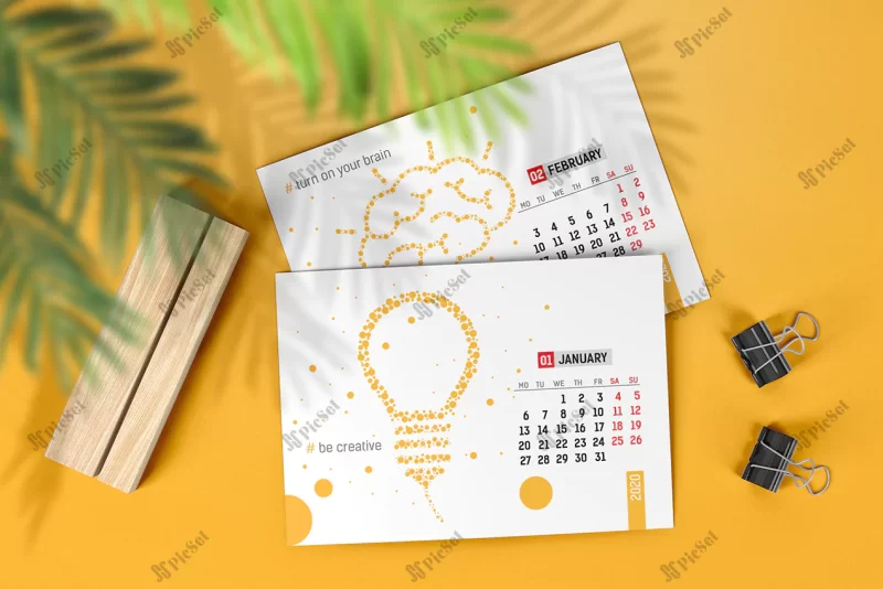 calendar pages with wooden stand clips mockup / موکاپ صفحات تقویم با گیره های پایه چوبی