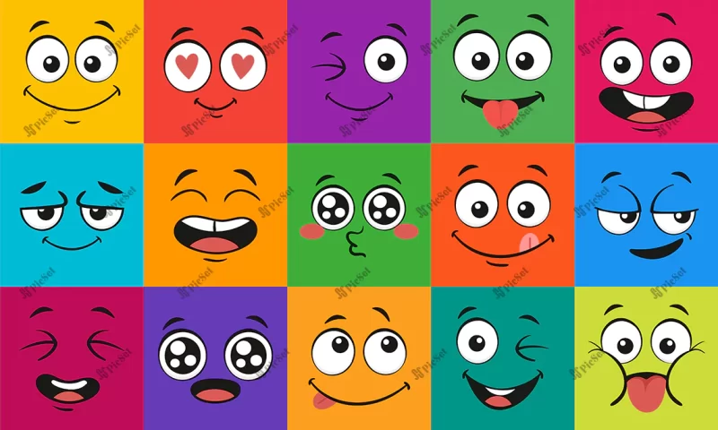 cartoon face expressions happy surprised faces doodle characters mouth eyes illustration set / چهره های کارتونی متعجب شخصیت های دهان چشم